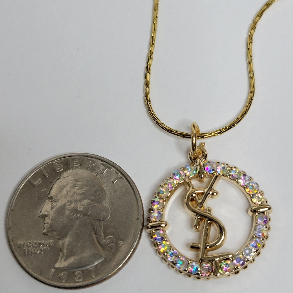 YSL ARORA BOREALIS Crystal Pendant Zip Pull, 18" Gold Plated Chain - Picture 4 of 4